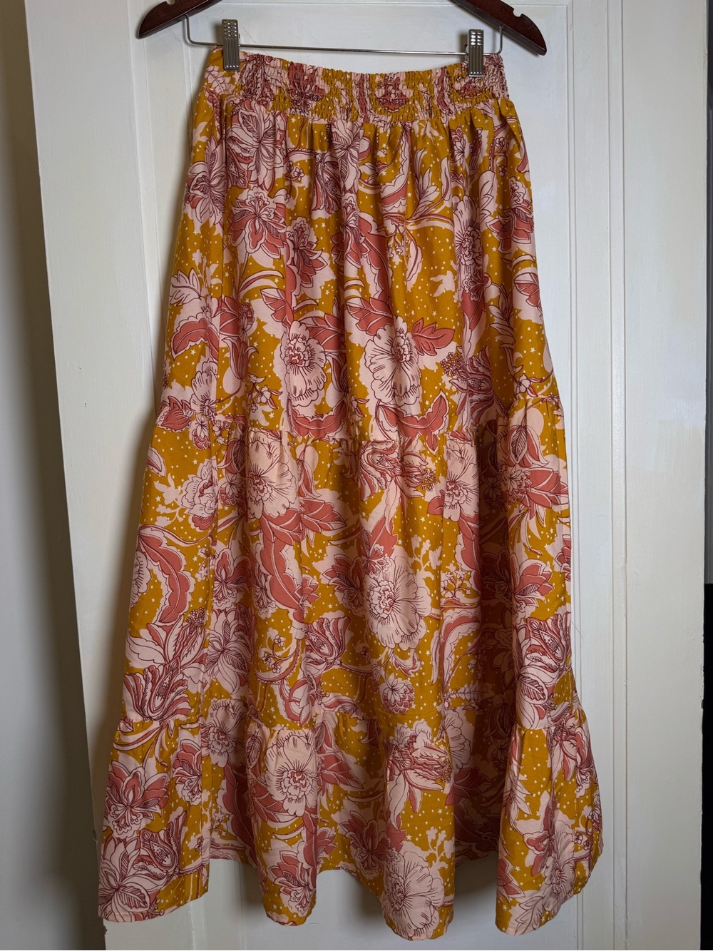 B.O.G. Collective Floral Tiered Maxi Skirt Mustard Yellow Boho Size Small